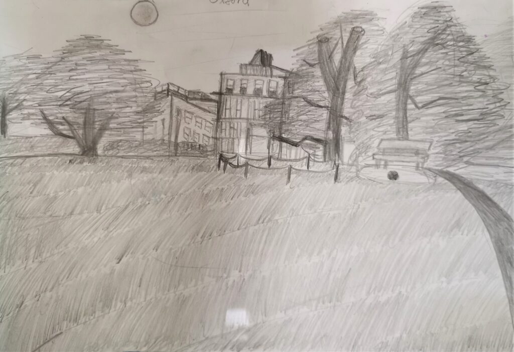 Pencil sketch. Entitled Oxford, the image shows university buildings flanked by tall trees in the background. In the foreground is parkland, with a path curving towards a bench and a small fenced-off area.