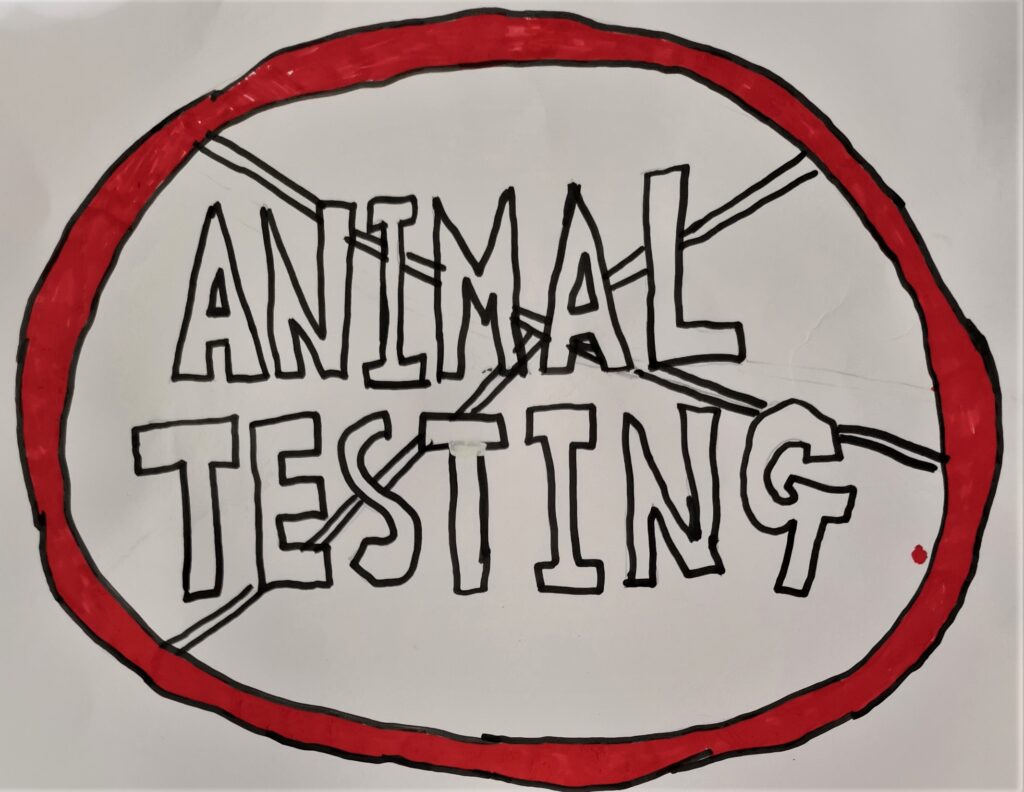 A poster created in black and red felt pen. Image: a circular sign with a red border and a diagonal black and white cross. In the centre are the words ANIMAL TESTING in capital letters.